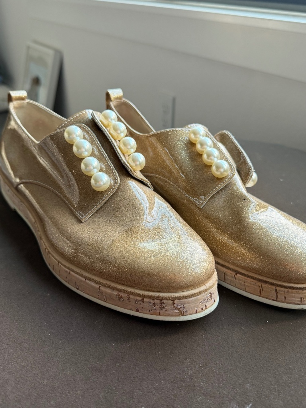 AGL Gold Shimmer Pearl Embellished Loafers Size 39